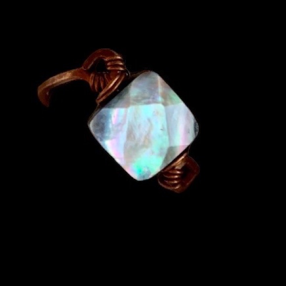 Copper Wire Wrapped Artesian Ring Dark Stone Fiery Colors Woman’s Jewelry - Picture 3 of 10